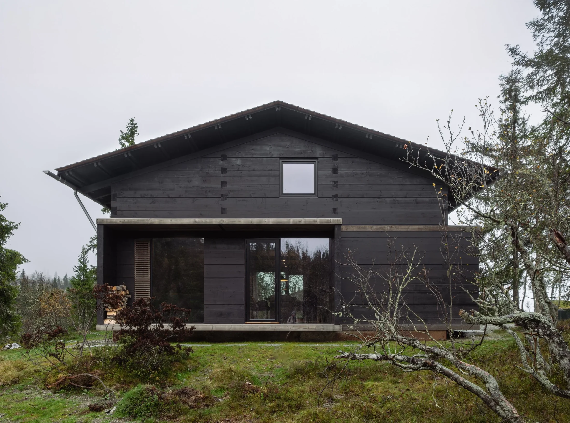 Tre på rad sett mot gavlen, med store glassflater og naturen tett på
